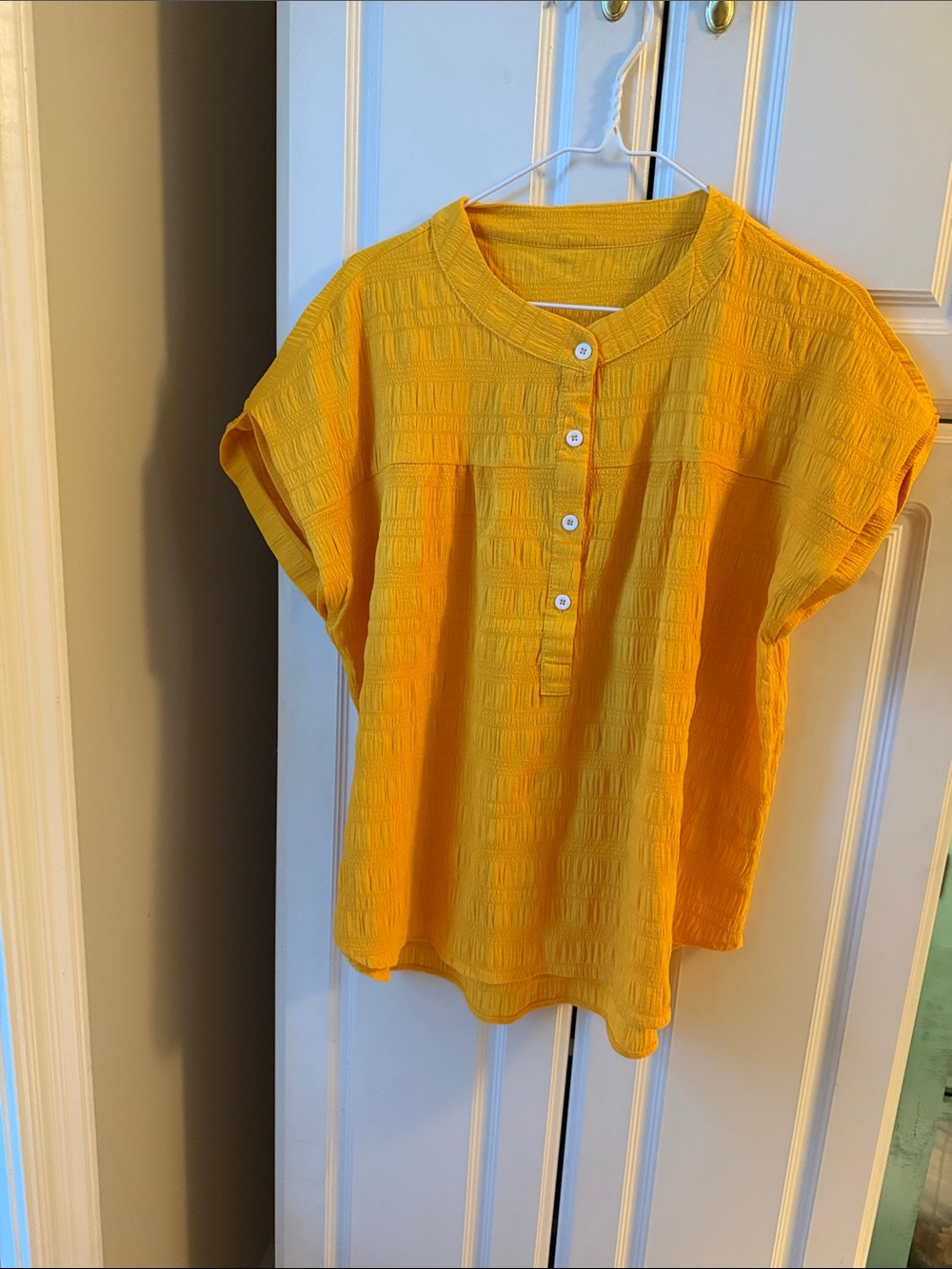 SHEIN Yellow Textured Button-Front Short Sleeve Blouse Top